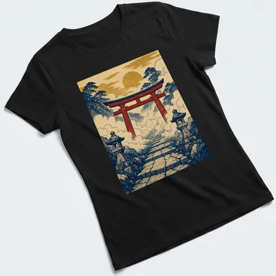 Vintage Japanese ukiyo-e print of a Shinto Torii Gate in clouds — printed on a women's shirt