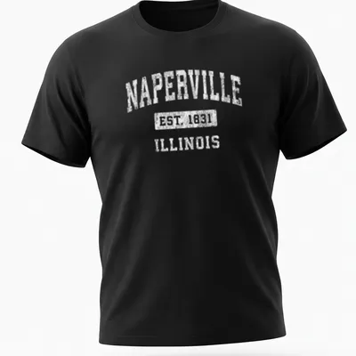 Vintage print of Naperville Est. 1831 Illinois text on a T-shirt