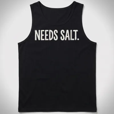 Bold distressed chef graphic with the text 'NEEDS SALT.' in white and light beige — printed on a tank top