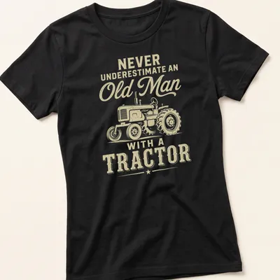 Vintage tractor graphic with humorous text about old men and tractors — printed on a women's shirt