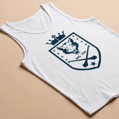 Shield emblem featuring a wolf head and hurling sticks in navy and white — printed on a tank top
