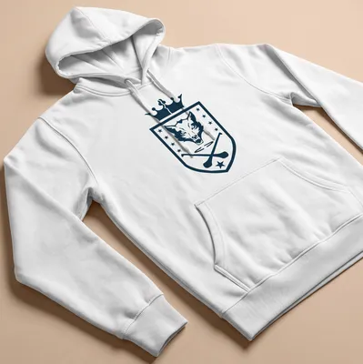 Shield emblem featuring a wolf head and hurling sticks in navy and white — printed on a unisex hoodie