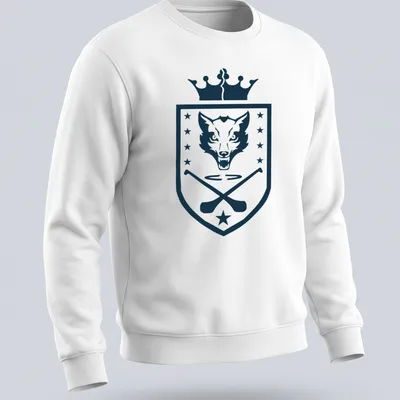 Shield emblem featuring a wolf head and hurling sticks in navy and white — printed on a unisex sweatshirt