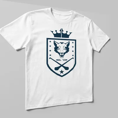 Shield emblem featuring a wolf head and hurling sticks in navy and white — printed on a unisex t-shirt (angled view)