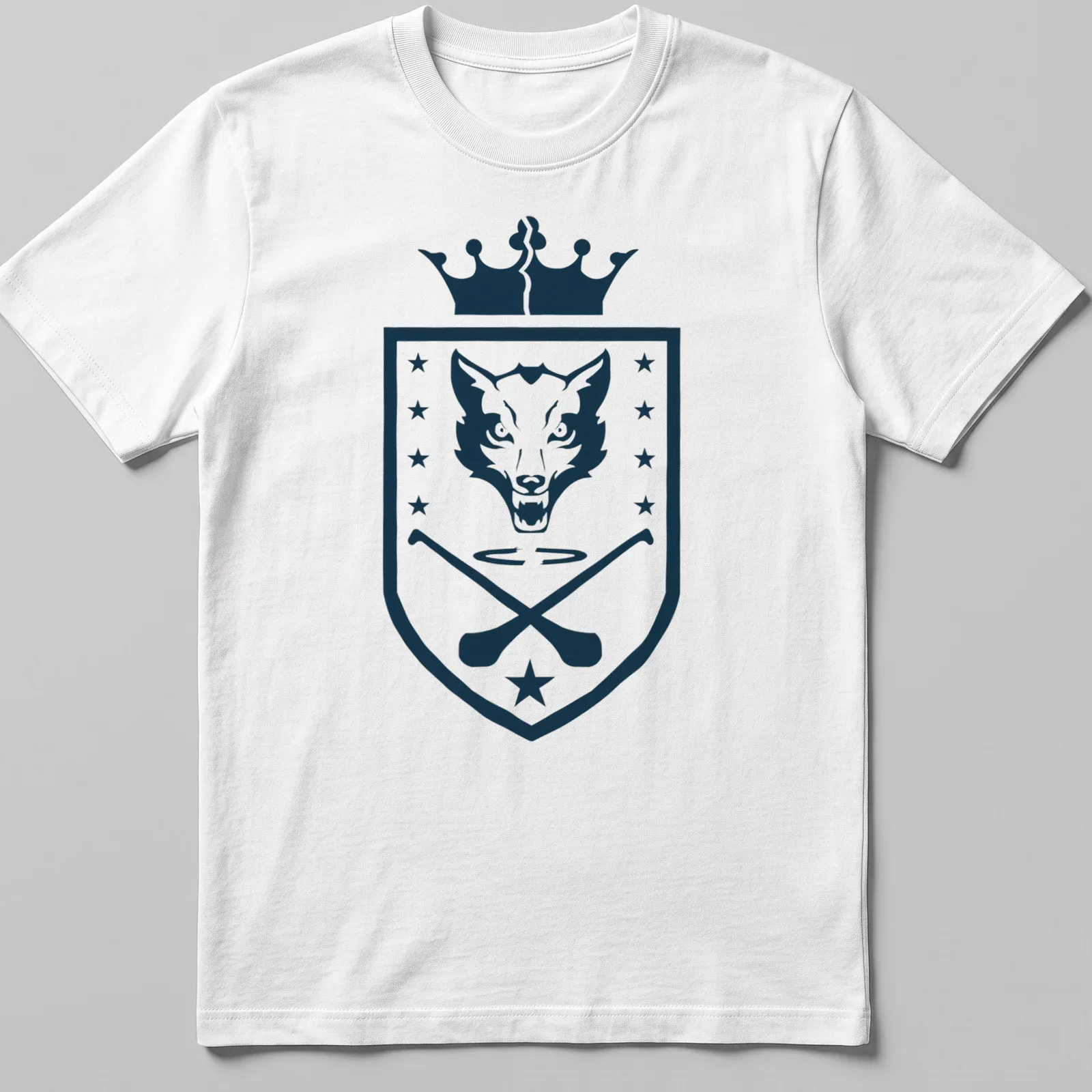 Shield emblem featuring a wolf head and hurling sticks in navy and white — printed on a unisex t-shirt