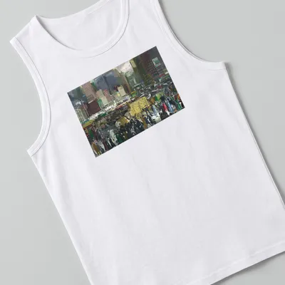 Vintage painting of a New York City street scene with retro colors — printed on a tank top
