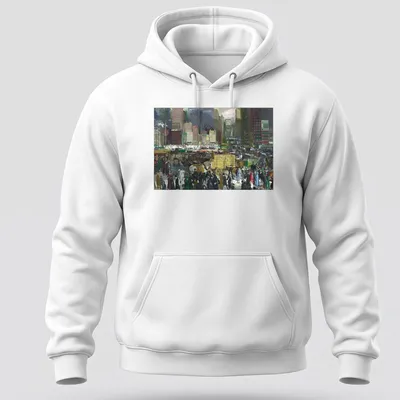 Vintage painting of a New York City street scene with retro colors — printed on a unisex hoodie