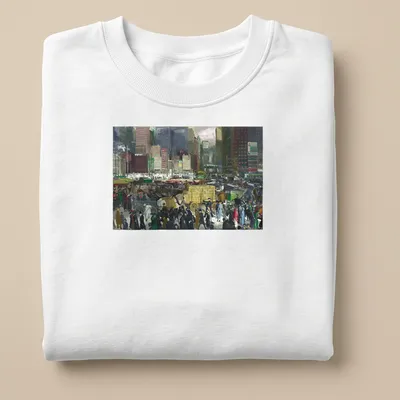 Vintage painting of a New York City street scene with retro colors — printed on a unisex sweatshirt