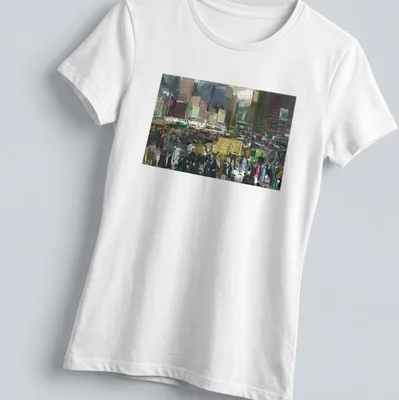 Vintage painting of a New York City street scene with retro colors — printed on a women's shirt