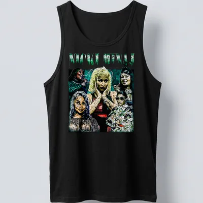 Collage graphic of Nicki Minaj with bold colors in green, black, white, pink, and blue — printed on a tank top