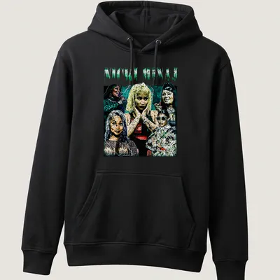 Collage graphic of Nicki Minaj with bold colors in green, black, white, pink, and blue — printed on a unisex hoodie