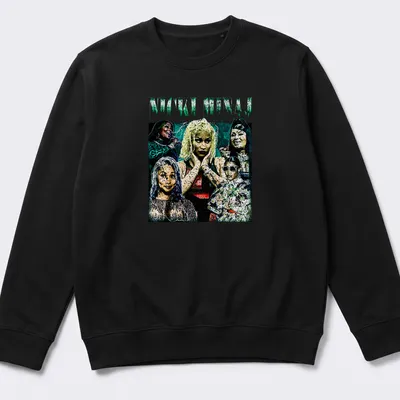 Collage graphic of Nicki Minaj with bold colors in green, black, white, pink, and blue — printed on a unisex sweatshirt