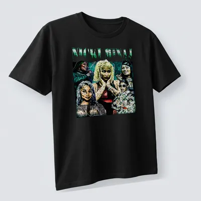 Collage graphic of Nicki Minaj with bold colors in green, black, white, pink, and blue — printed on a unisex t-shirt (angled view)