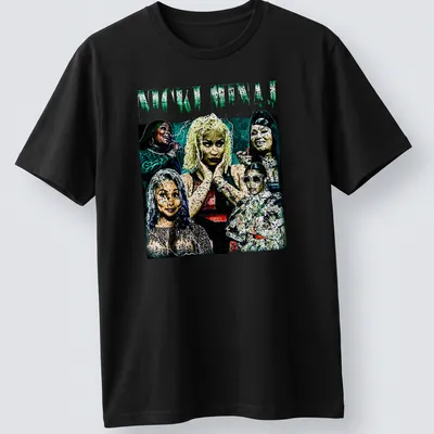 Collage graphic of Nicki Minaj with bold colors in green, black, white, pink, and blue — printed on a unisex t-shirt