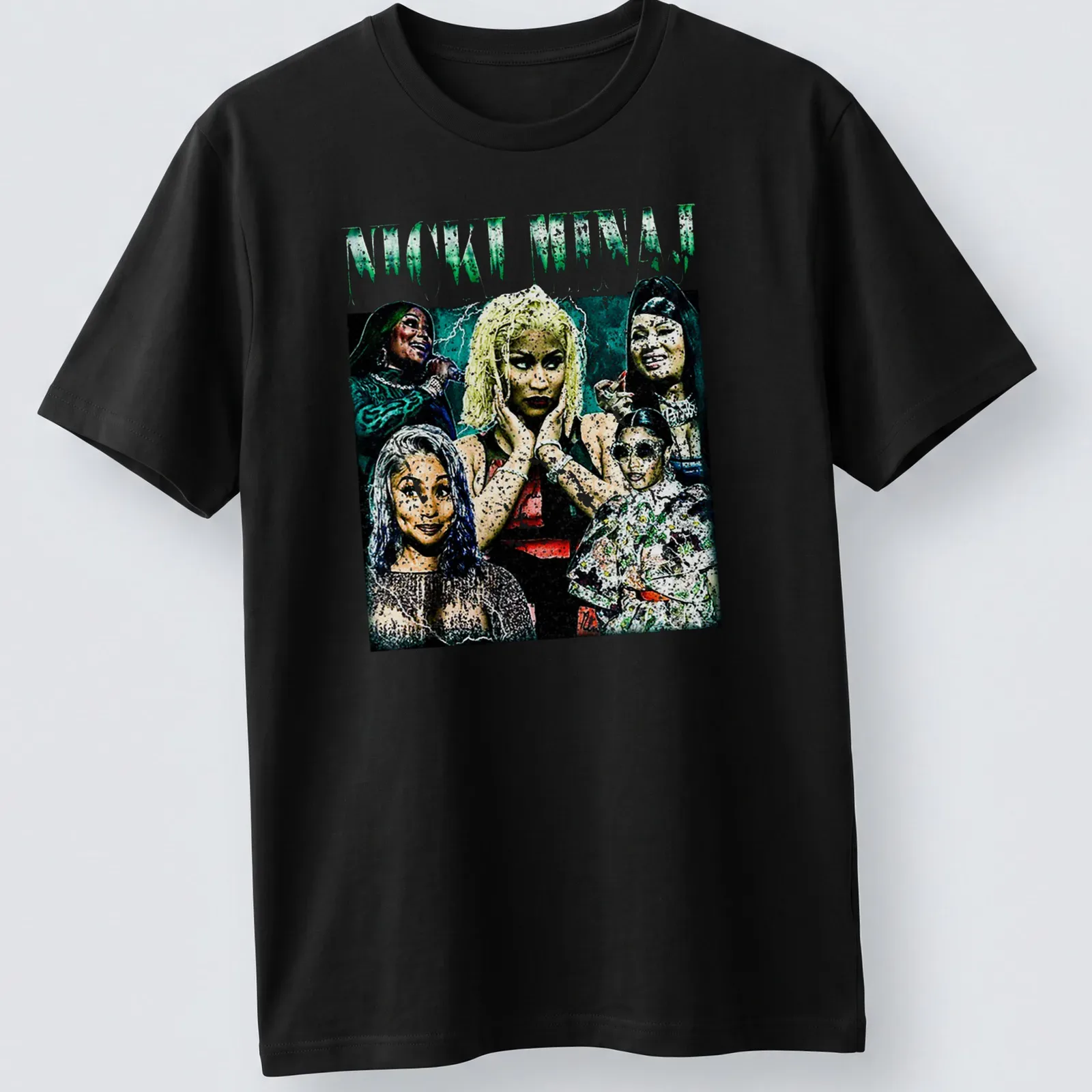 Collage graphic of Nicki Minaj with bold colors in green, black, white, pink, and blue — printed on a unisex t-shirt