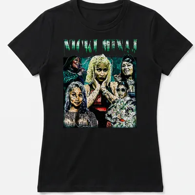 Collage graphic of Nicki Minaj with bold colors in green, black, white, pink, and blue — printed on a women's shirt