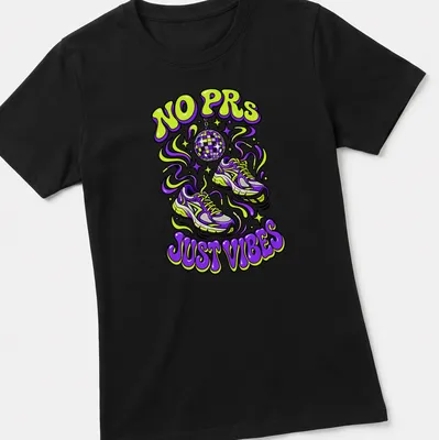 Y2K retro graphic tee with running shoes and a playful message — printed on a women's shirt