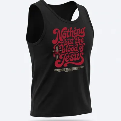 Bold retro T-shirt featuring a cross and scriptural text about Jesus' blood. — printed on a tank top