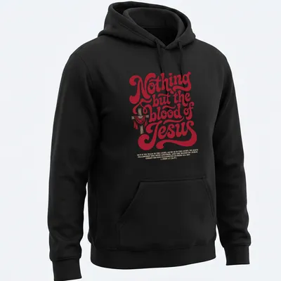 Bold retro T-shirt featuring a cross and scriptural text about Jesus' blood. — printed on a unisex hoodie