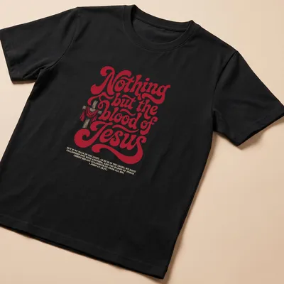 Bold retro T-shirt featuring a cross and scriptural text about Jesus' blood.