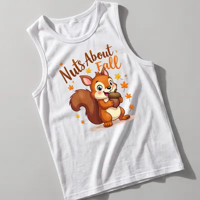Kawaii squirrel holding an acorn with 'Nuts About Fall' text in vibrant colors. — printed on a tank top