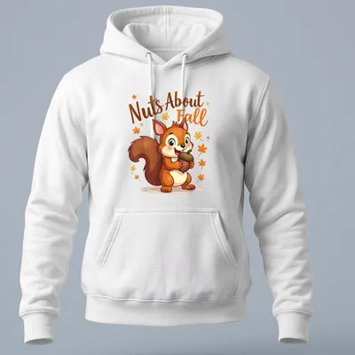 Kawaii squirrel holding an acorn with 'Nuts About Fall' text in vibrant colors. — printed on a unisex hoodie