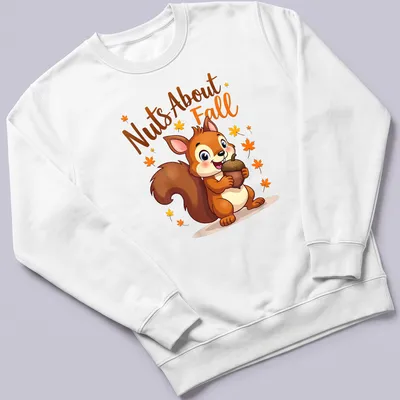Kawaii squirrel holding an acorn with 'Nuts About Fall' text in vibrant colors. — printed on a unisex sweatshirt