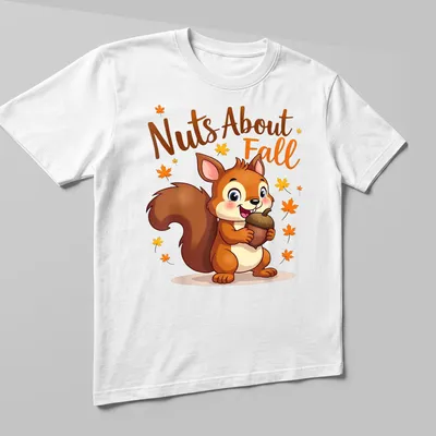 Kawaii squirrel holding an acorn with 'Nuts About Fall' text in vibrant colors. — printed on a unisex t-shirt (angled view)