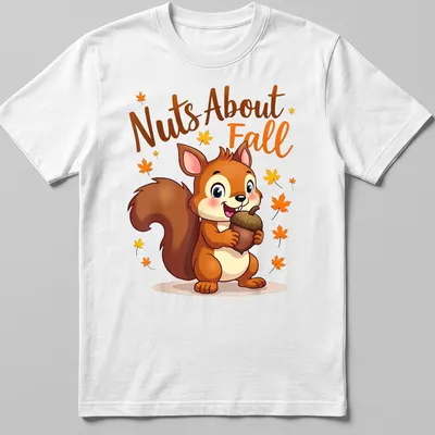 Kawaii squirrel holding an acorn with 'Nuts About Fall' text in vibrant colors.