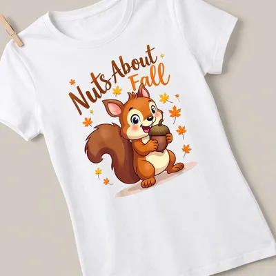 Kawaii squirrel holding an acorn with 'Nuts About Fall' text in vibrant colors. — printed on a women's shirt