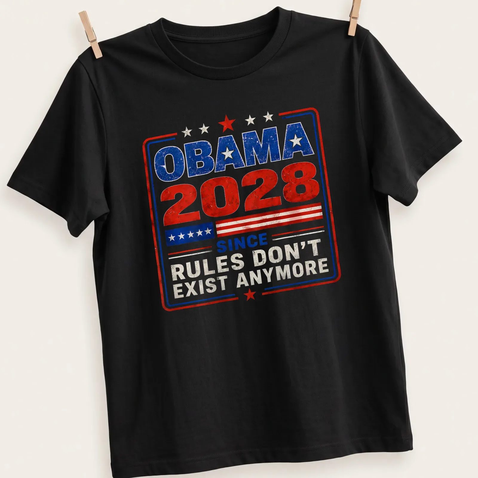Vintage distressed Obama 2028 political slogan t-shirt in red, blue, and white — printed on a unisex t-shirt