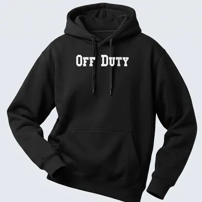 Bold typography t-shirt saying 'OFF DUTY' in large letters. — printed on a unisex hoodie