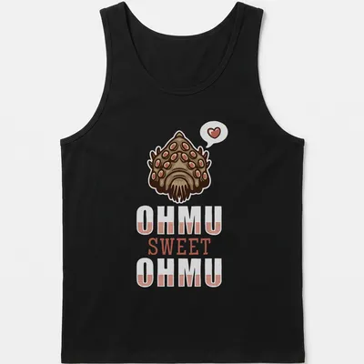 Kawaii illustration of a cute fish with large eyes and playful text — printed on a tank top