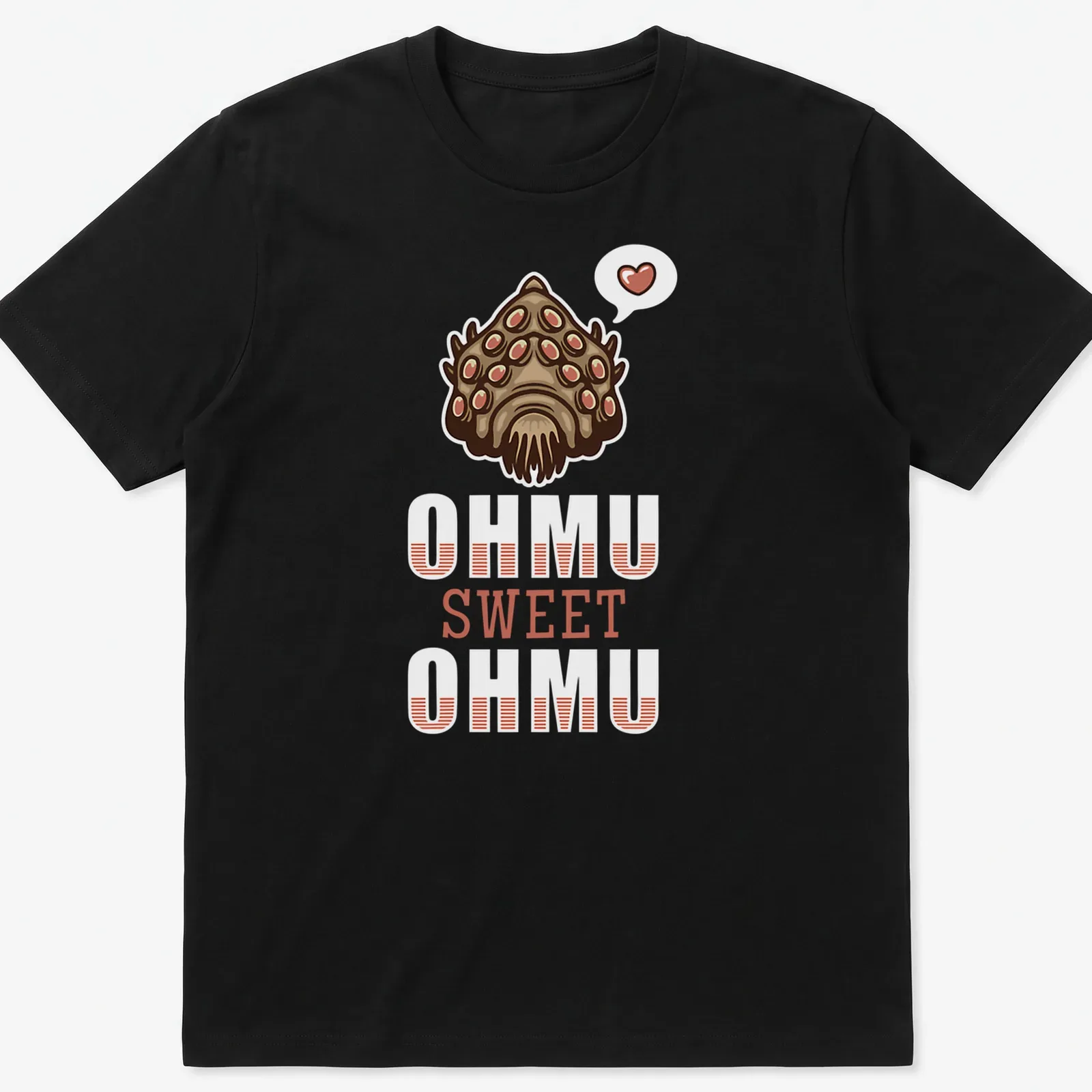 Kawaii illustration of a cute fish with large eyes and playful text — printed on a unisex t-shirt