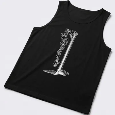 Detailed black and white illustration of a skeleton hanging from a gallows, with printed text above. — printed on a tank top