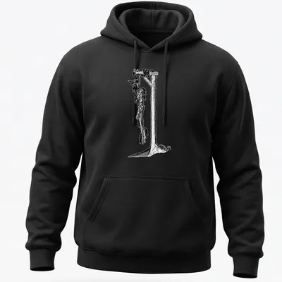 Detailed black and white illustration of a skeleton hanging from a gallows, with printed text above. — printed on a unisex hoodie