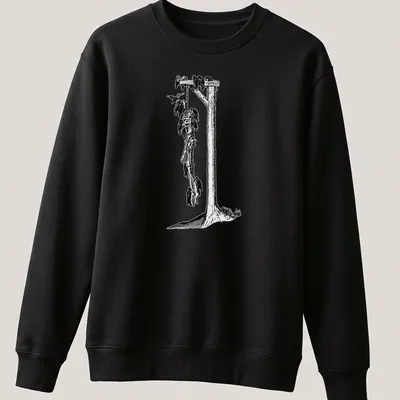 Detailed black and white illustration of a skeleton hanging from a gallows, with printed text above. — printed on a unisex sweatshirt