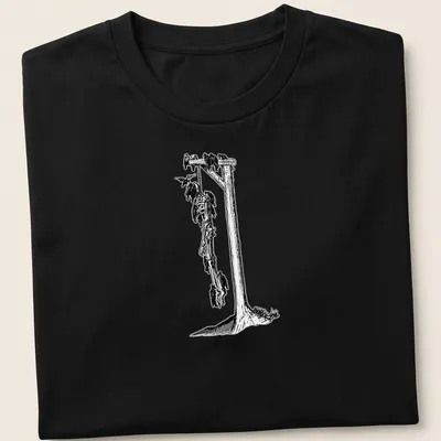 Detailed black and white illustration of a skeleton hanging from a gallows, with printed text above.
