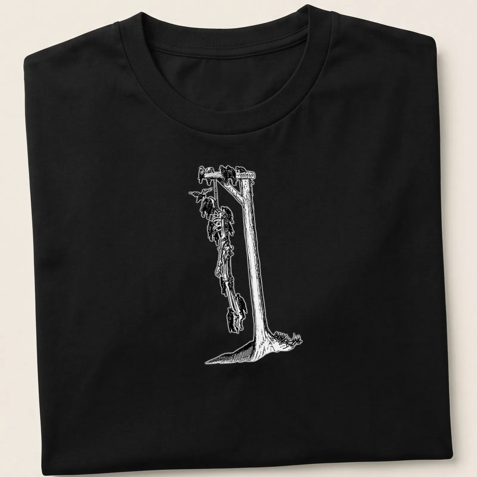 Detailed black and white illustration of a skeleton hanging from a gallows, with printed text above. — printed on a unisex t-shirt