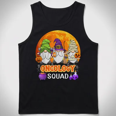 Cartoonish Halloween gnomes with the phrase Oncology Squad in vibrant colors — printed on a tank top