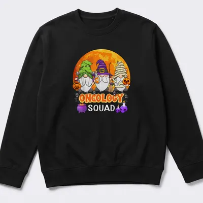 Cartoonish Halloween gnomes with the phrase Oncology Squad in vibrant colors — printed on a unisex sweatshirt