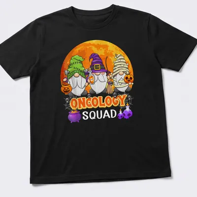 Cartoonish Halloween gnomes with the phrase Oncology Squad in vibrant colors