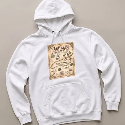 Vintage map design featuring Lake Ontario and proud Canadian text. — printed on a unisex hoodie