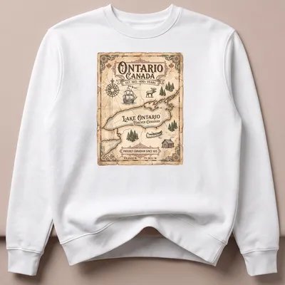 Vintage map design featuring Lake Ontario and proud Canadian text. — printed on a unisex sweatshirt