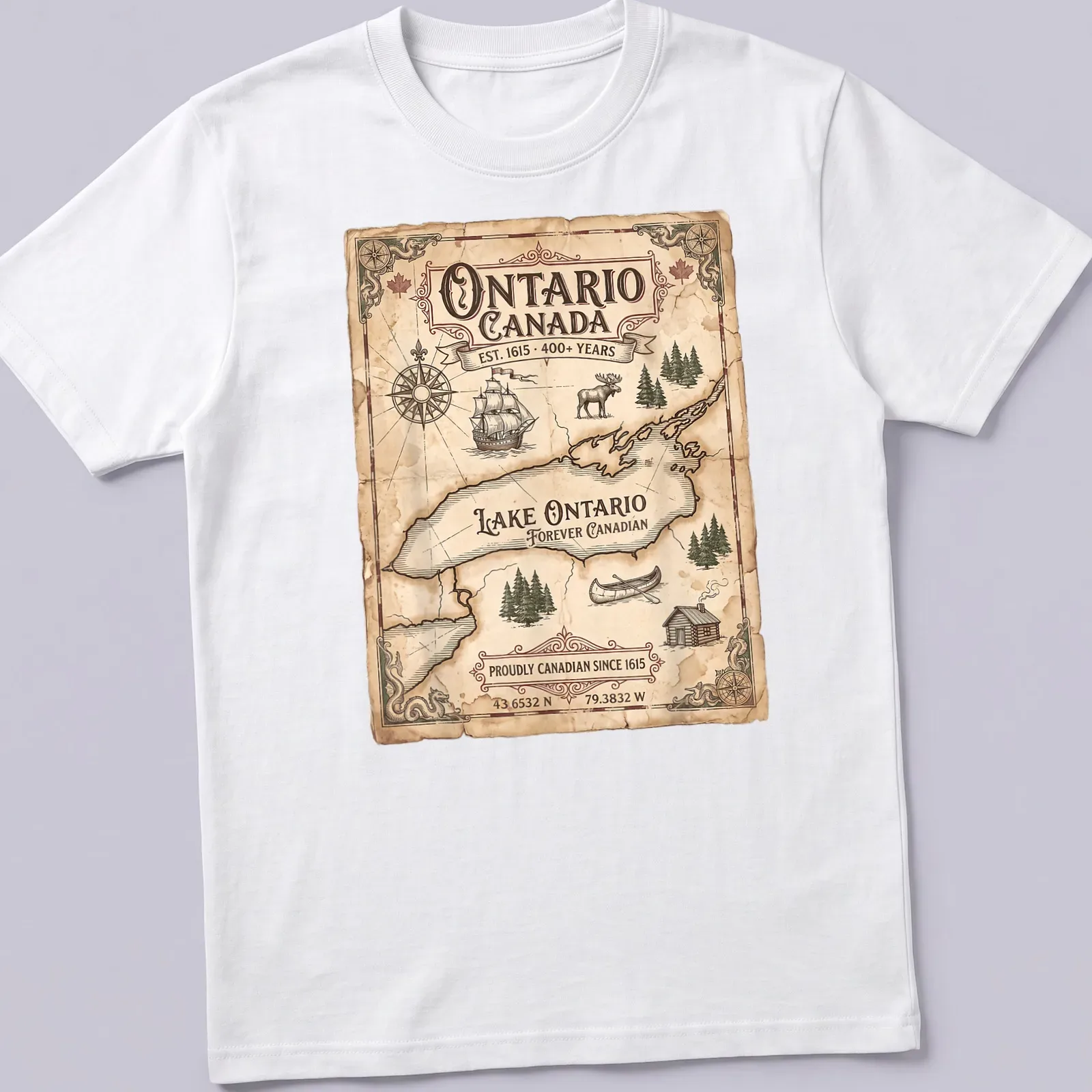Vintage map design featuring Lake Ontario and proud Canadian text. — printed on a unisex t-shirt