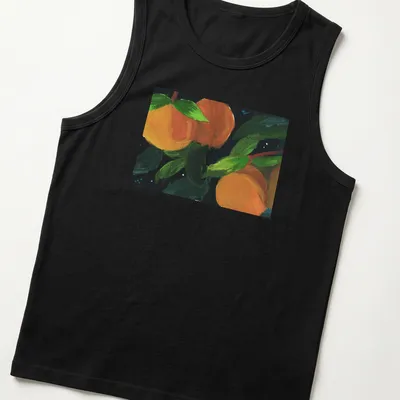 Vibrant painting of oranges with green leaves and black outlines — printed on a tank top