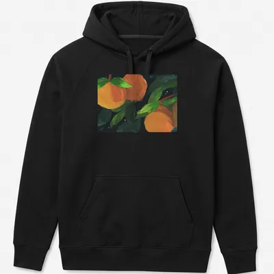 Vibrant painting of oranges with green leaves and black outlines — printed on a unisex hoodie