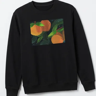 Vibrant painting of oranges with green leaves and black outlines — printed on a unisex sweatshirt