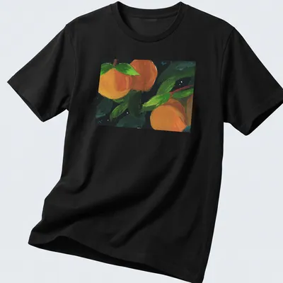 Vibrant painting of oranges with green leaves and black outlines