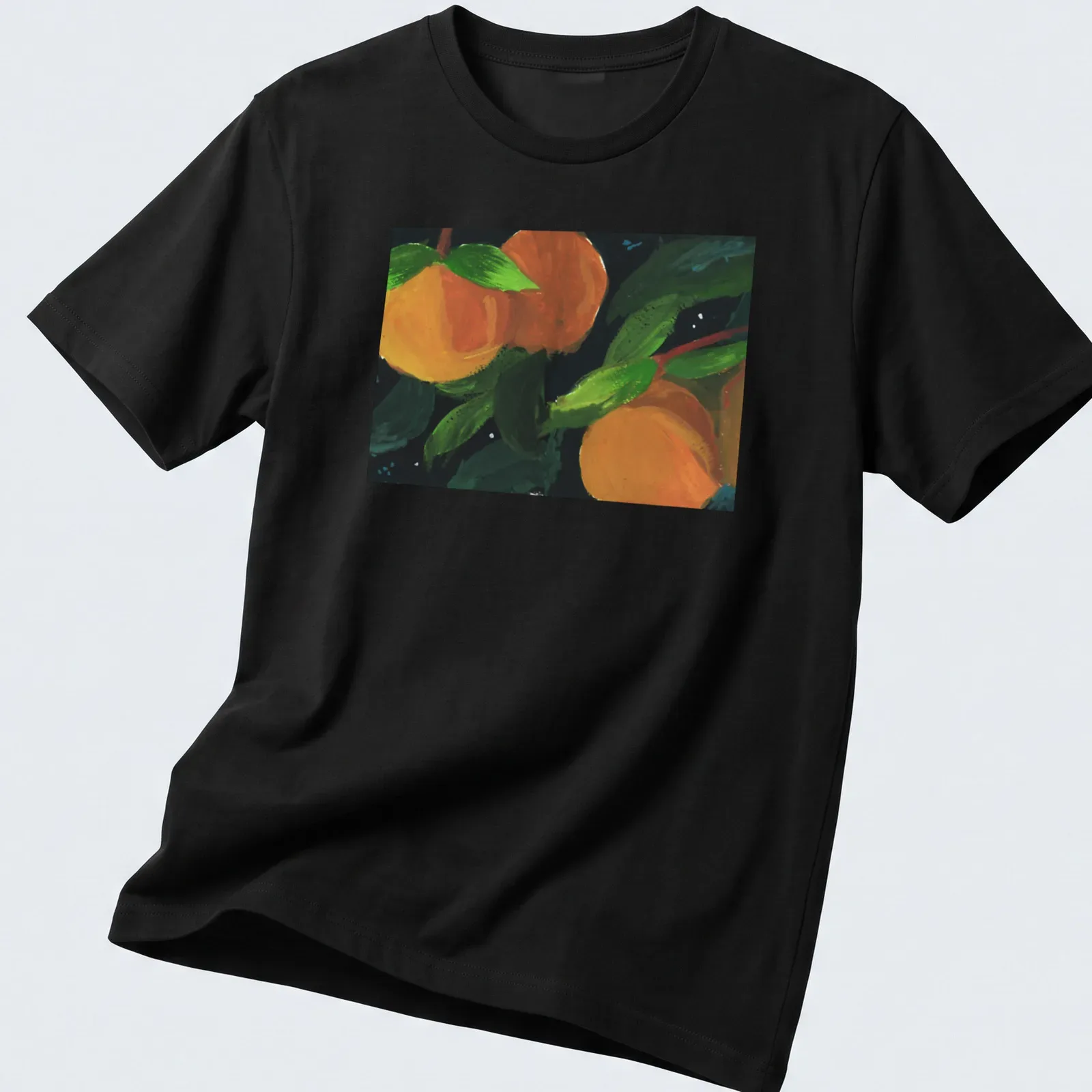 Vibrant painting of oranges with green leaves and black outlines — printed on a unisex t-shirt